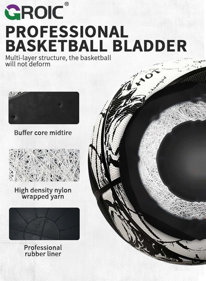 GROIC كرة سلة، جنون الكوميديا ​​بحجم 7، تصميم جرافيكي باللونين الأسود والأبيض، بناء قناة عميقة ومتانة، مثالية لتدريب كرة السلة وممارسة المعدات، كرات سلة مطاطية خارجية - Image 4